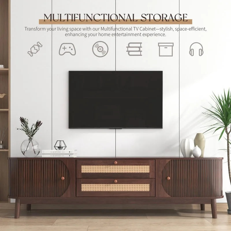 Meuble TV en rotin et bois naturel, style rustique, convient aux téléviseurs jusqu'à 75 pouces