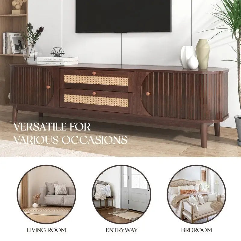 Meuble TV en rotin et bois naturel, style rustique, convient aux téléviseurs jusqu'à 75 pouces