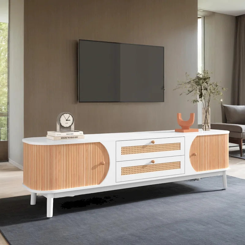 Meuble TV en rotin et bois naturel, style rustique, convient aux téléviseurs jusqu'à 75 pouces