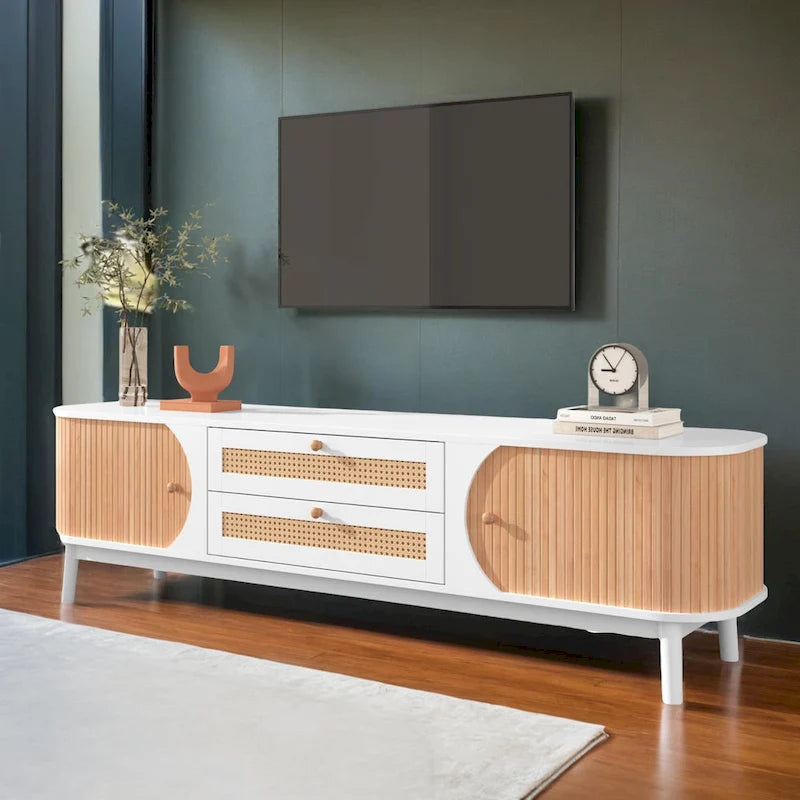 Meuble TV en rotin et bois naturel, style rustique, convient aux téléviseurs jusqu'à 75 pouces
