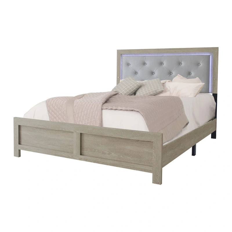 Ensemble de chambre à coucher 4 pièces Bernard en similicuir capitonné crème avec panneau à LED