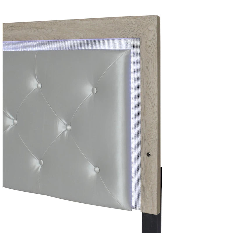 Ensemble de chambre à coucher 4 pièces Bernard en similicuir capitonné crème avec panneau à LED