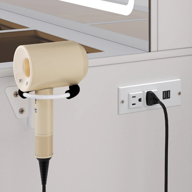 Coiffeuse Individuelle Noire/Blanche avec Lumières LED, Prises de Courant et Support pour Sèche-Cheveux