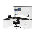 Bureau en L avec huche, 1 personne, blanc et gris foncé / gris foncé et noir