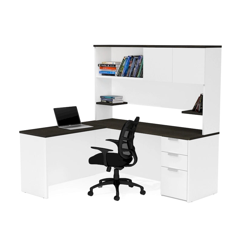 Bureau en L avec huche, 1 personne, blanc et gris foncé / gris foncé et noir