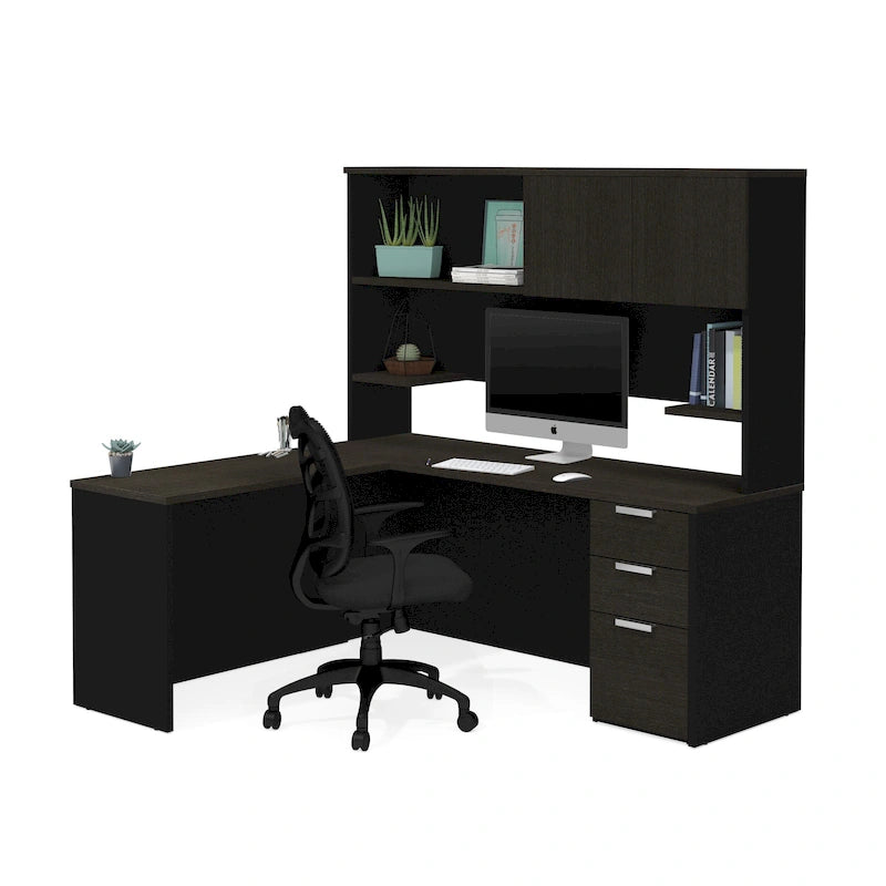 Bureau en L avec huche, 1 personne, blanc et gris foncé / gris foncé et noir