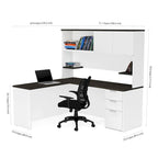 Bureau en L avec huche, 1 personne, blanc et gris foncé / gris foncé et noir