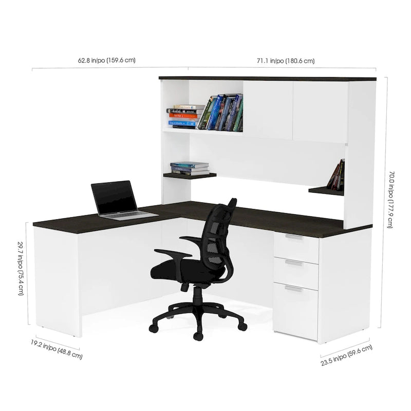 Bureau en L avec huche, 1 personne, blanc et gris foncé / gris foncé et noir