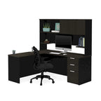 Bureau en L avec huche, 1 personne, blanc et gris foncé / gris foncé et noir