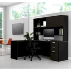 Bureau en L avec huche, 1 personne, blanc et gris foncé / gris foncé et noir