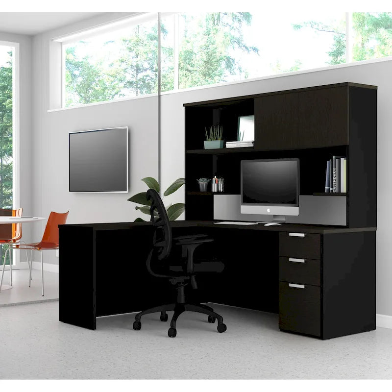 Bureau en L avec huche, 1 personne, blanc et gris foncé / gris foncé et noir
