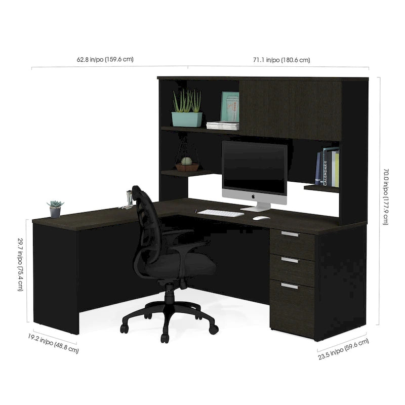 Bureau en L avec huche, 1 personne, blanc et gris foncé / gris foncé et noir