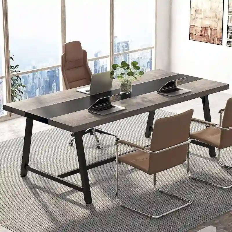 Table de conférence rectangulaire marron/gris/blanc/naturel, style industriel, 6 places