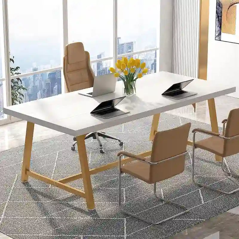 Table de conférence rectangulaire marron/gris/blanc/naturel, style industriel, 6 places