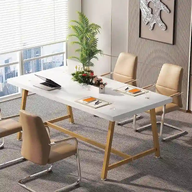 Table de conférence rectangulaire marron/gris/blanc/naturel, style industriel, 6 places