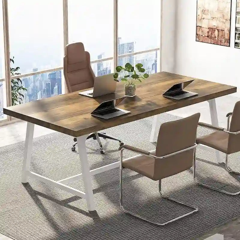 Table de conférence rectangulaire marron/gris/blanc/naturel, style industriel, 6 places