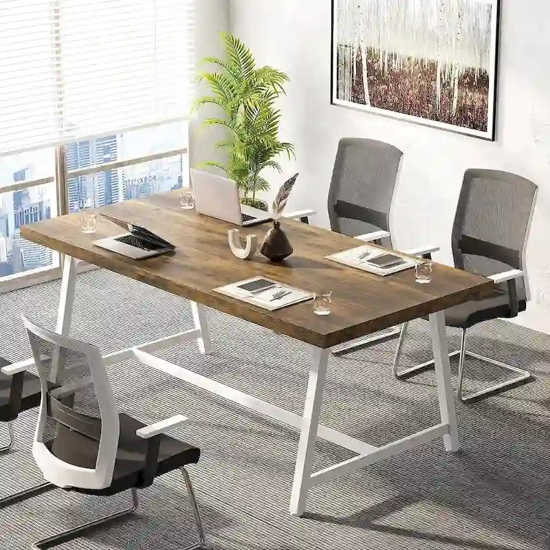 Table de conférence rectangulaire marron/gris/blanc/naturel, style industriel, 6 places