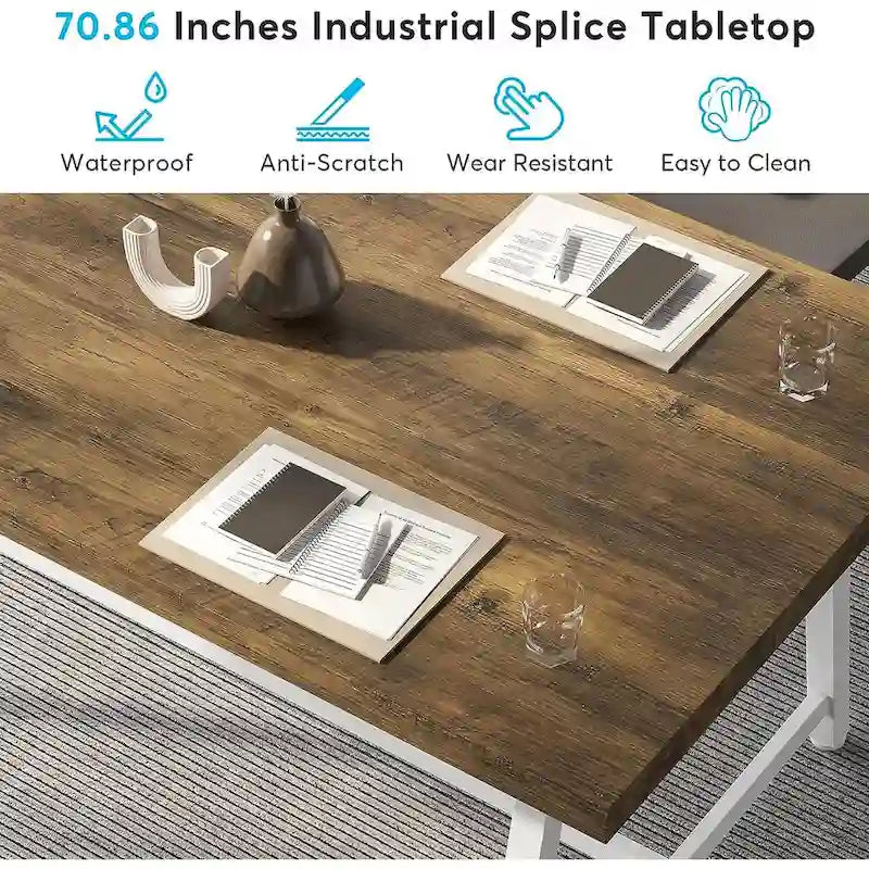 Table de conférence rectangulaire marron/gris/blanc/naturel, style industriel, 6 places