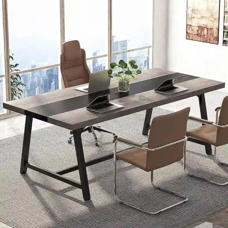 Table de conférence rectangulaire marron/gris/blanc/naturel, style industriel, 6 places