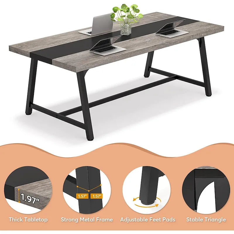 Table de conférence rectangulaire marron/gris/blanc/naturel, style industriel, 6 places