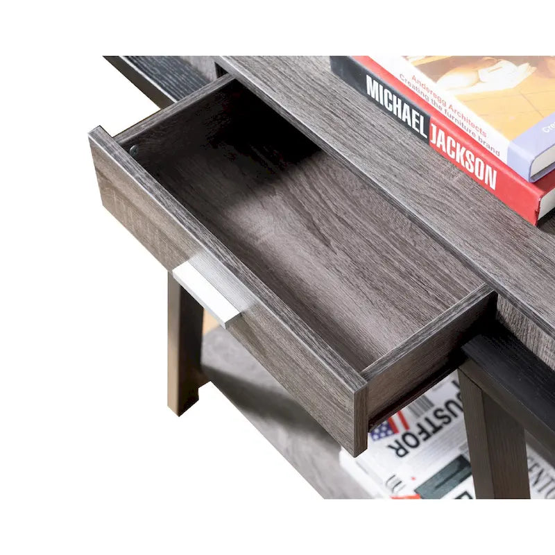 Console de salon en bois noir et gris avec tiroir et étagère ouverte