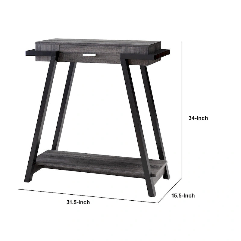 Console de salon en bois noir et gris avec tiroir et étagère ouverte