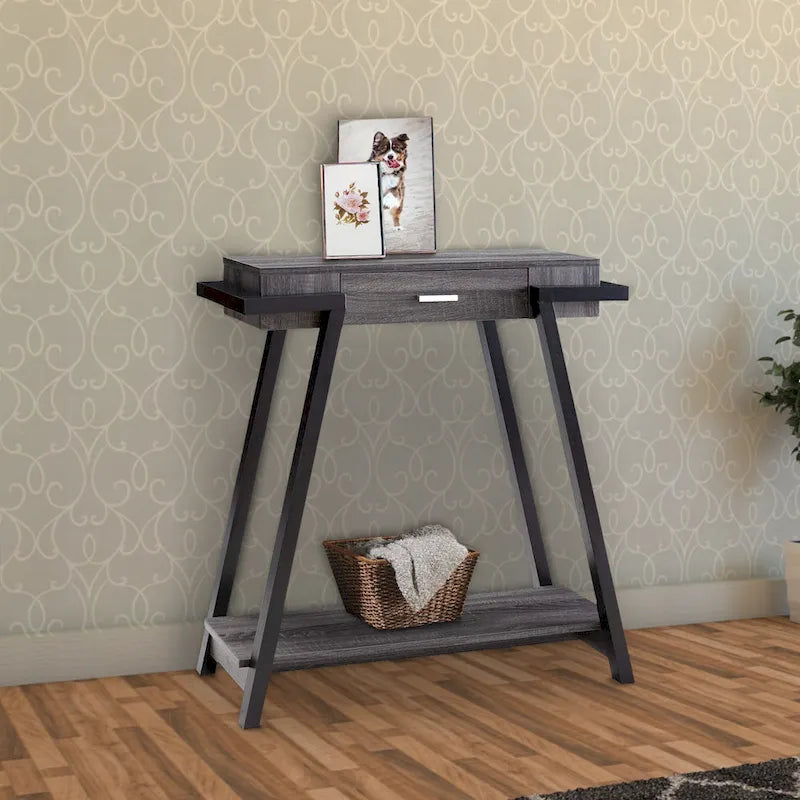 Console de salon en bois noir et gris avec tiroir et étagère ouverte