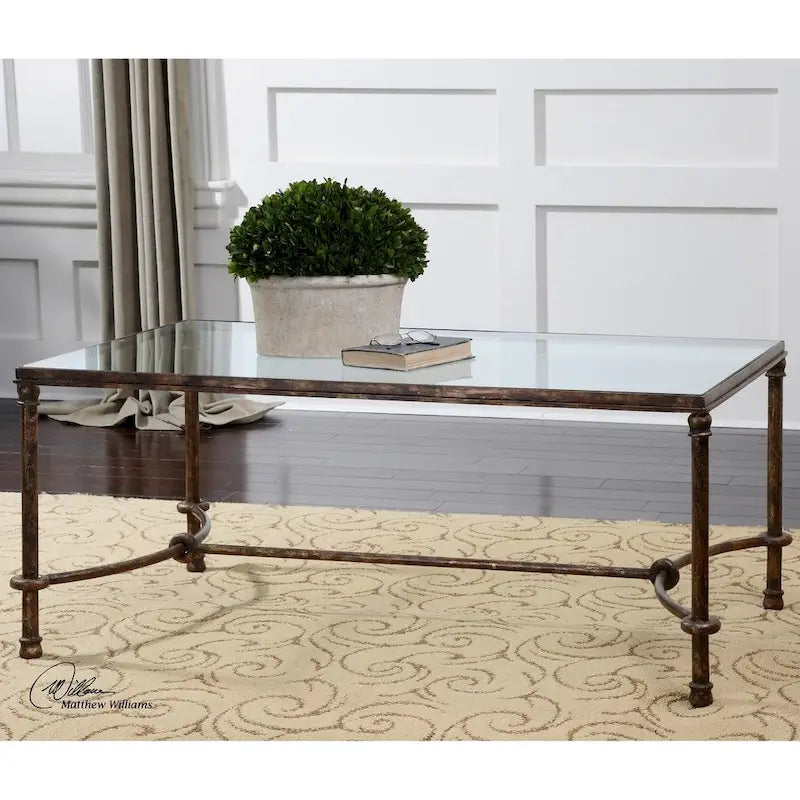 Table basse en fer bronze rustique et verre trempé