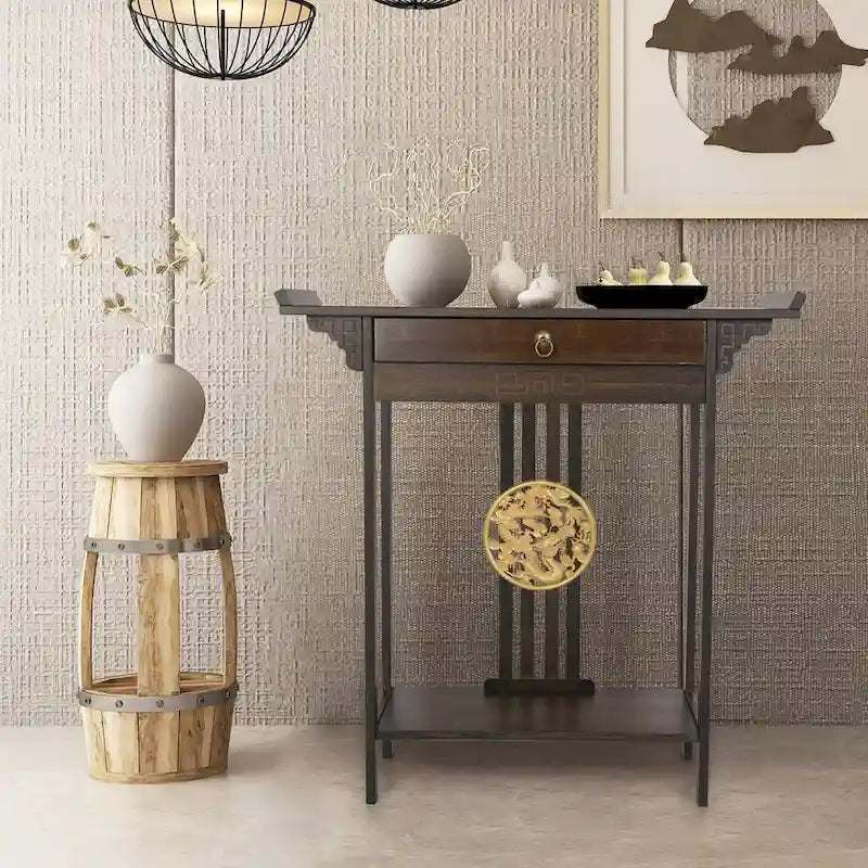 Console en bambou à plateau en bois marron avec tiroir – Style classique, assemblage par 1 personne