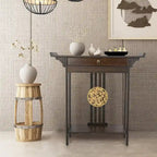 Console en bambou à plateau en bois marron avec tiroir – Style classique, assemblage par 1 personne