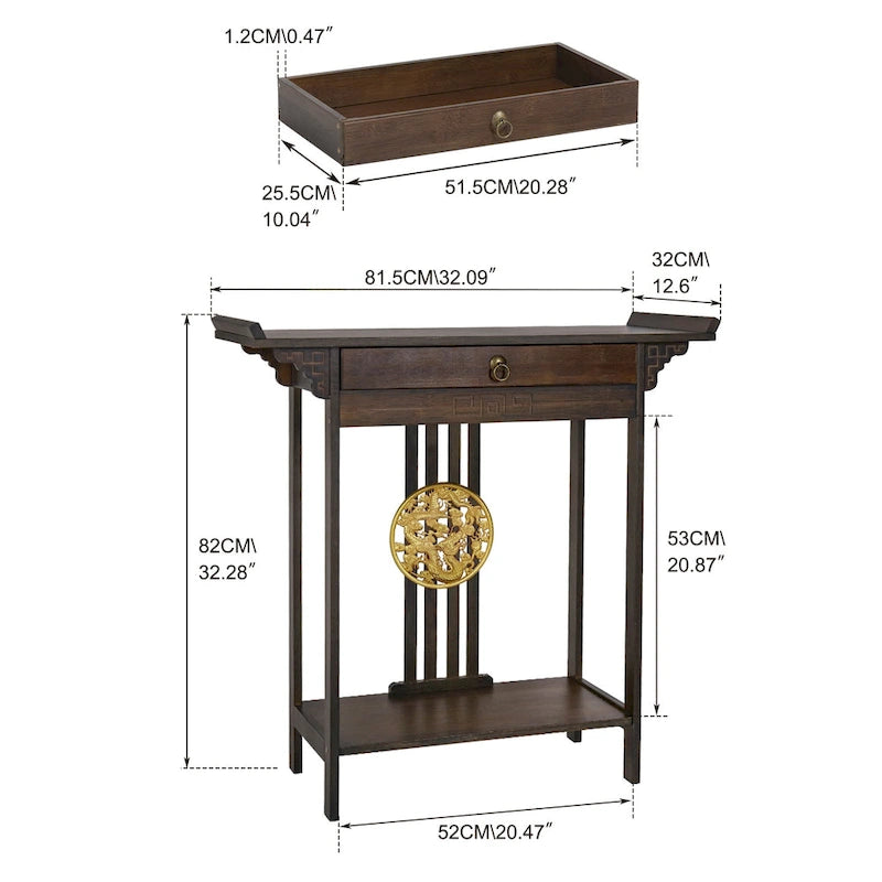 Console en bambou à plateau en bois marron avec tiroir – Style classique, assemblage par 1 personne