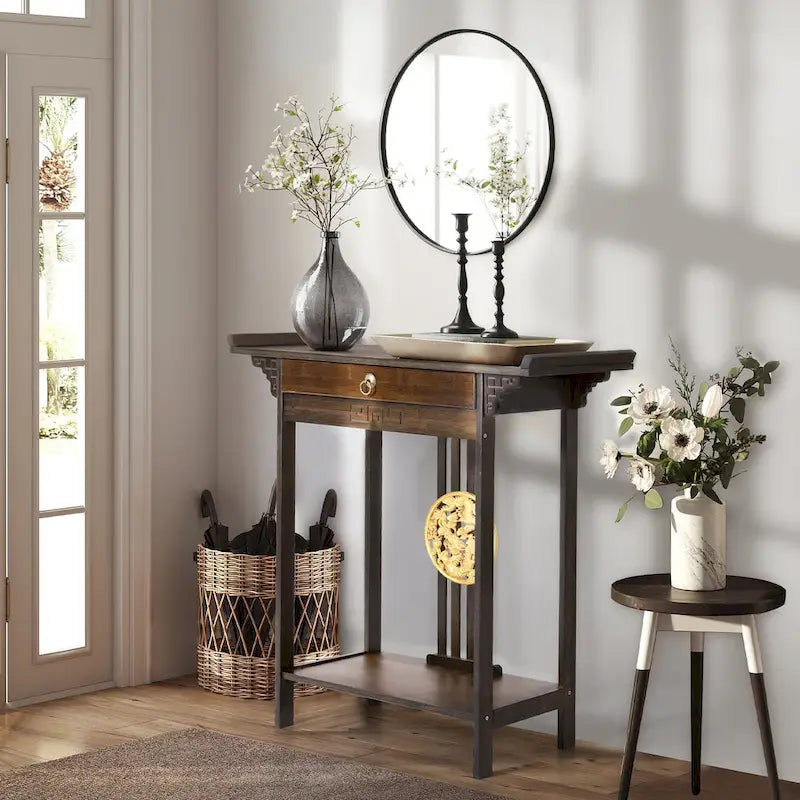 Console en bambou à plateau en bois marron avec tiroir – Style classique, assemblage par 1 personne