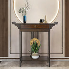 Console en bambou à plateau en bois marron avec tiroir – Style classique, assemblage par 1 personne