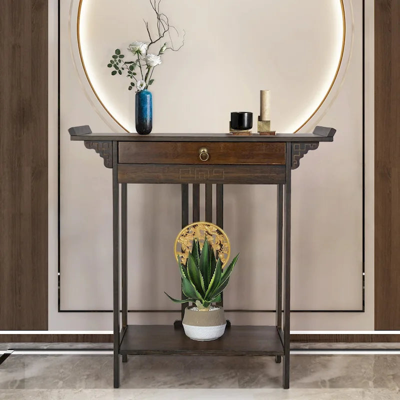 Console en bambou à plateau en bois marron avec tiroir – Style classique, assemblage par 1 personne