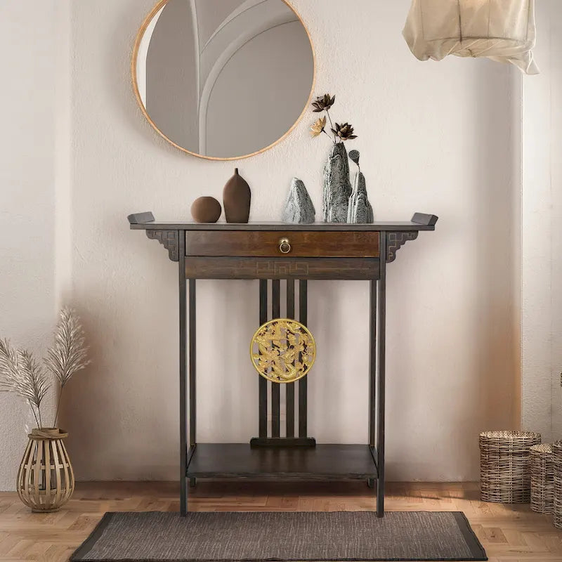 Console en bambou à plateau en bois marron avec tiroir – Style classique, assemblage par 1 personne