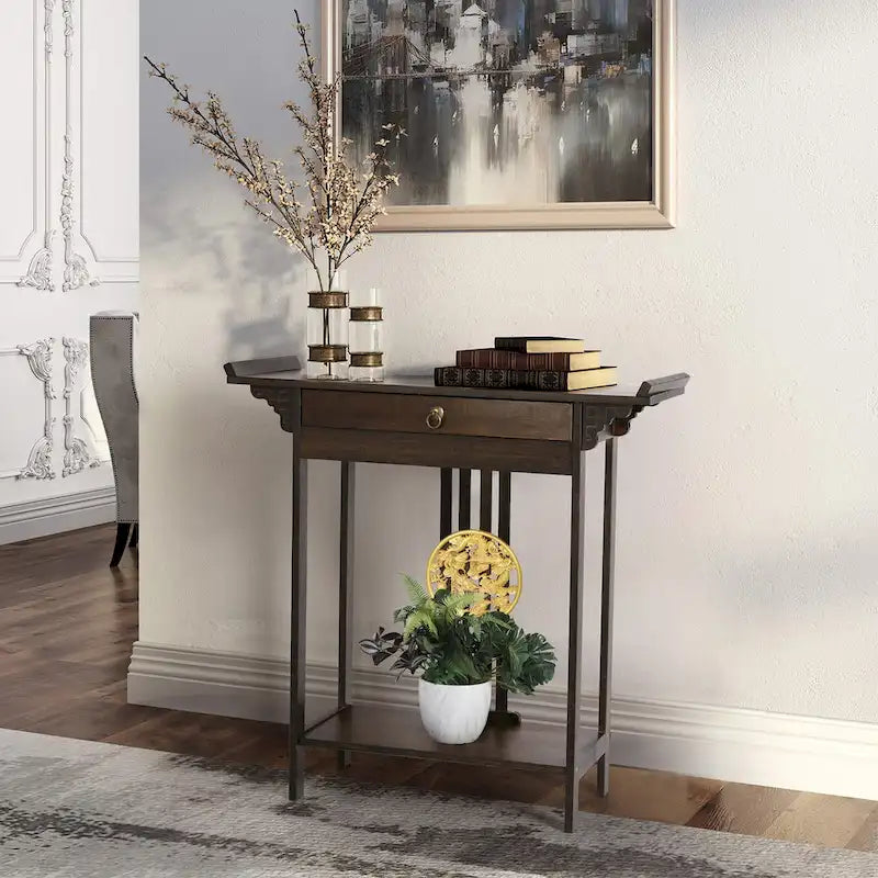 Console en bambou à plateau en bois marron avec tiroir – Style classique, assemblage par 1 personne