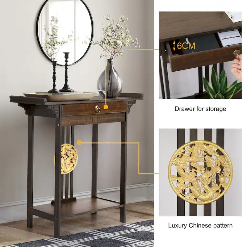 Console en bambou à plateau en bois marron avec tiroir – Style classique, assemblage par 1 personne
