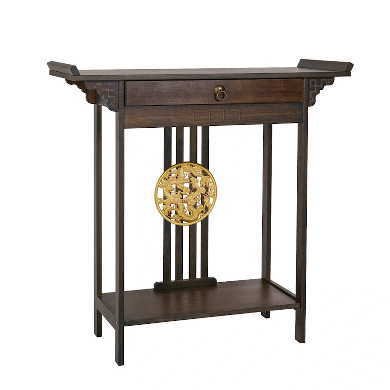 Console en bambou à plateau en bois marron avec tiroir – Style classique, assemblage par 1 personne