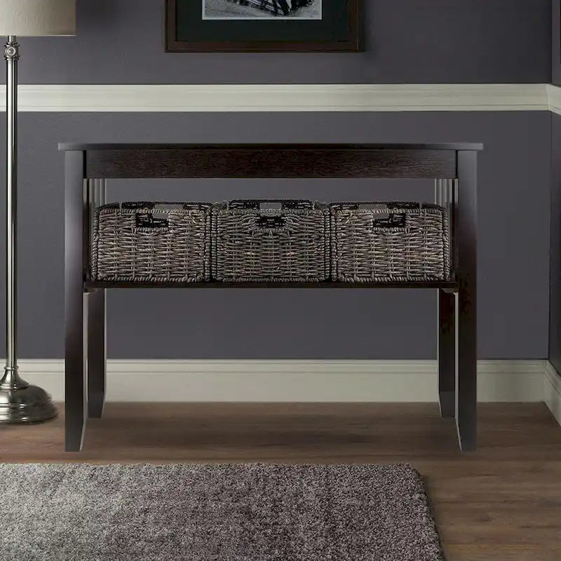 Table console de couloir à 2 niveaux Espresso avec 3 paniers de rangement - 40 larg. x 18 prof. x 30 haut.