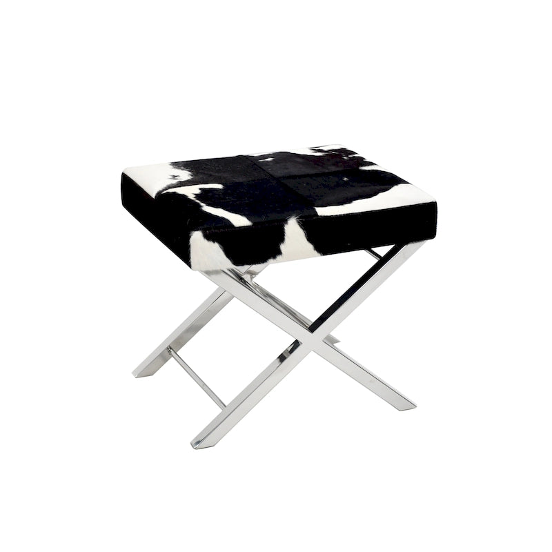 Banc ottoman chromé, cuir poil de poney noir et blanc, 1 à 2 places