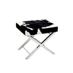 Banc ottoman chromé, cuir poil de poney noir et blanc, 1 à 2 places