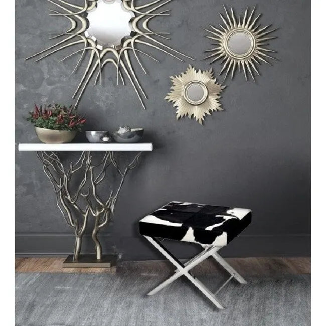 Banc ottoman chromé, cuir poil de poney noir et blanc, 1 à 2 places