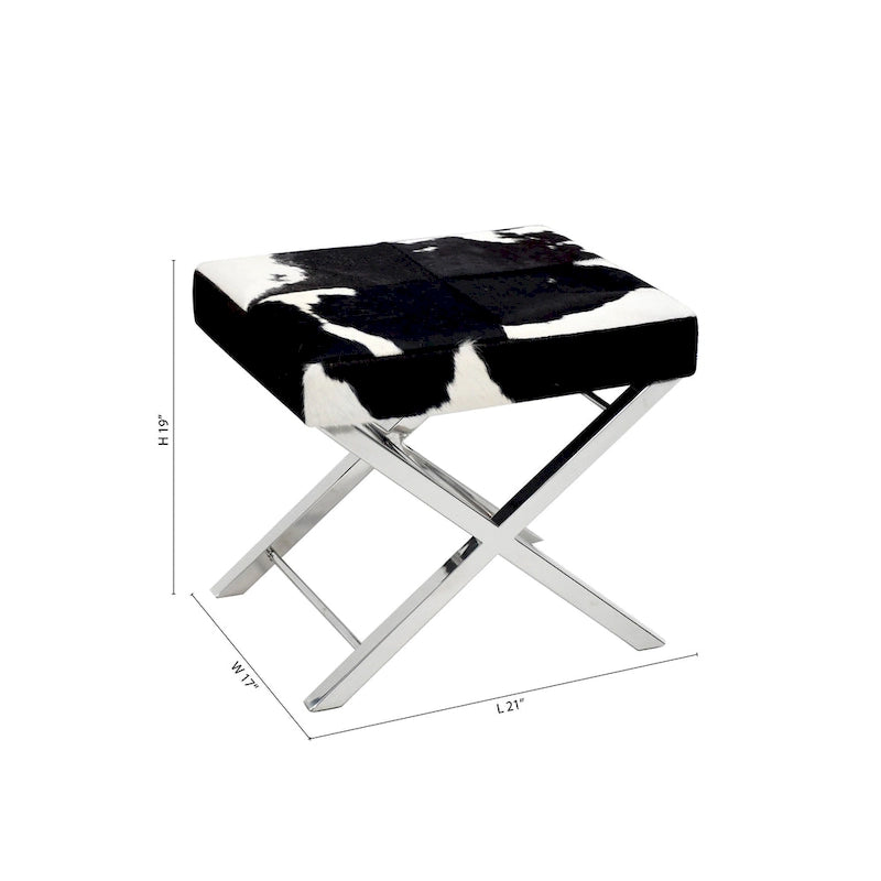 Banc ottoman chromé, cuir poil de poney noir et blanc, 1 à 2 places