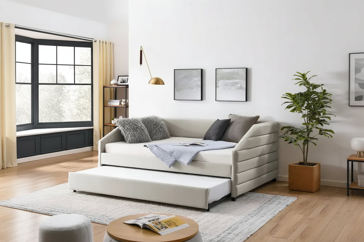 Twin Size Daybed with Two Drawers Upholstered Tufted Sofa Bed