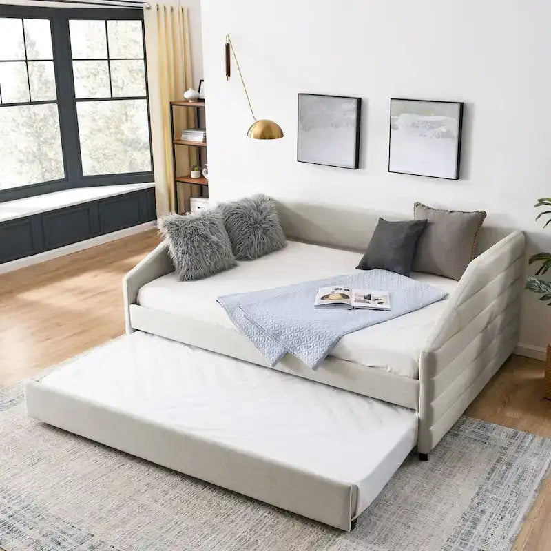 Lit de repos capitonné en lin beige/gris avec 2 tiroirs, jumeau/double, 1 place