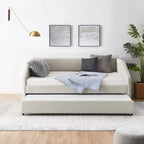 Lit de repos capitonné en lin beige/gris avec 2 tiroirs, jumeau/double, 1 place