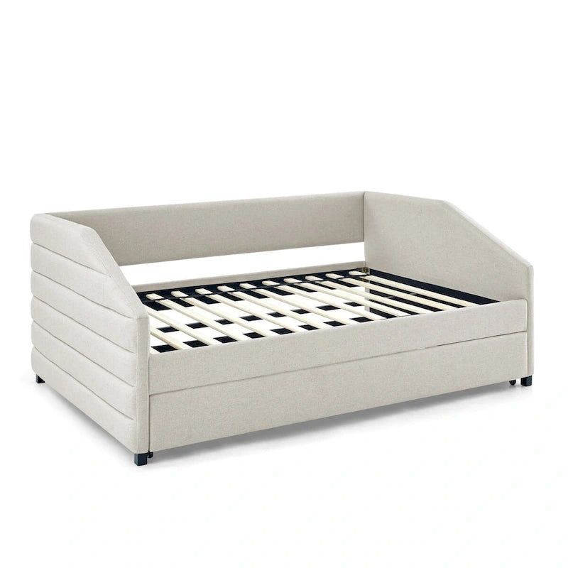 Lit de repos capitonné en lin beige/gris avec 2 tiroirs, jumeau/double, 1 place