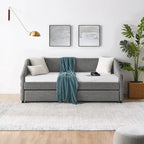Lit de repos capitonné en lin beige/gris avec 2 tiroirs, jumeau/double, 1 place
