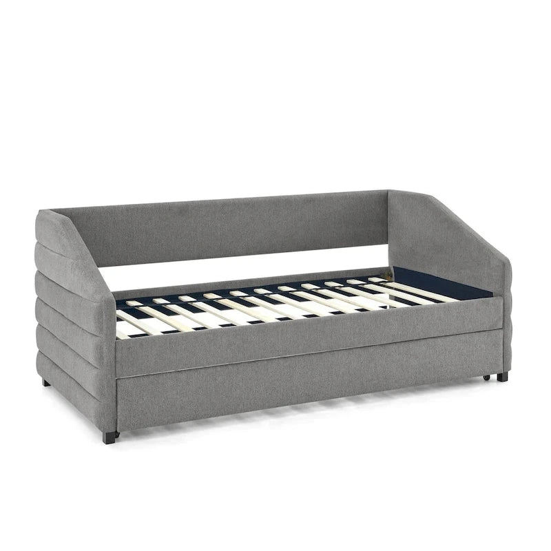Lit de repos capitonné en lin beige/gris avec 2 tiroirs, jumeau/double, 1 place