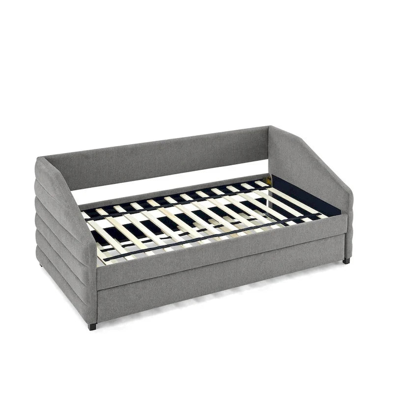 Lit de repos capitonné en lin beige/gris avec 2 tiroirs, jumeau/double, 1 place